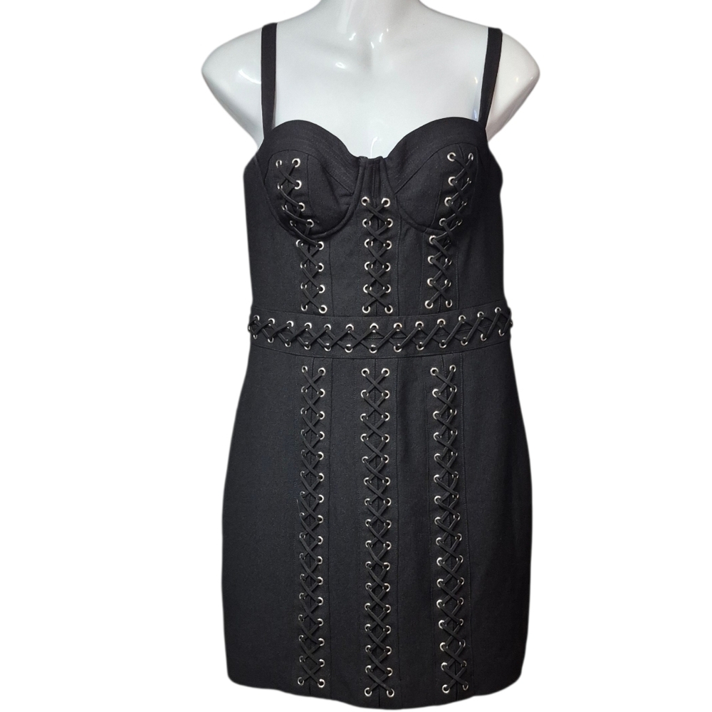 Bebe x Naven Little Black Dress Lacing Detailing Size 8 Exposed Zipper Moto